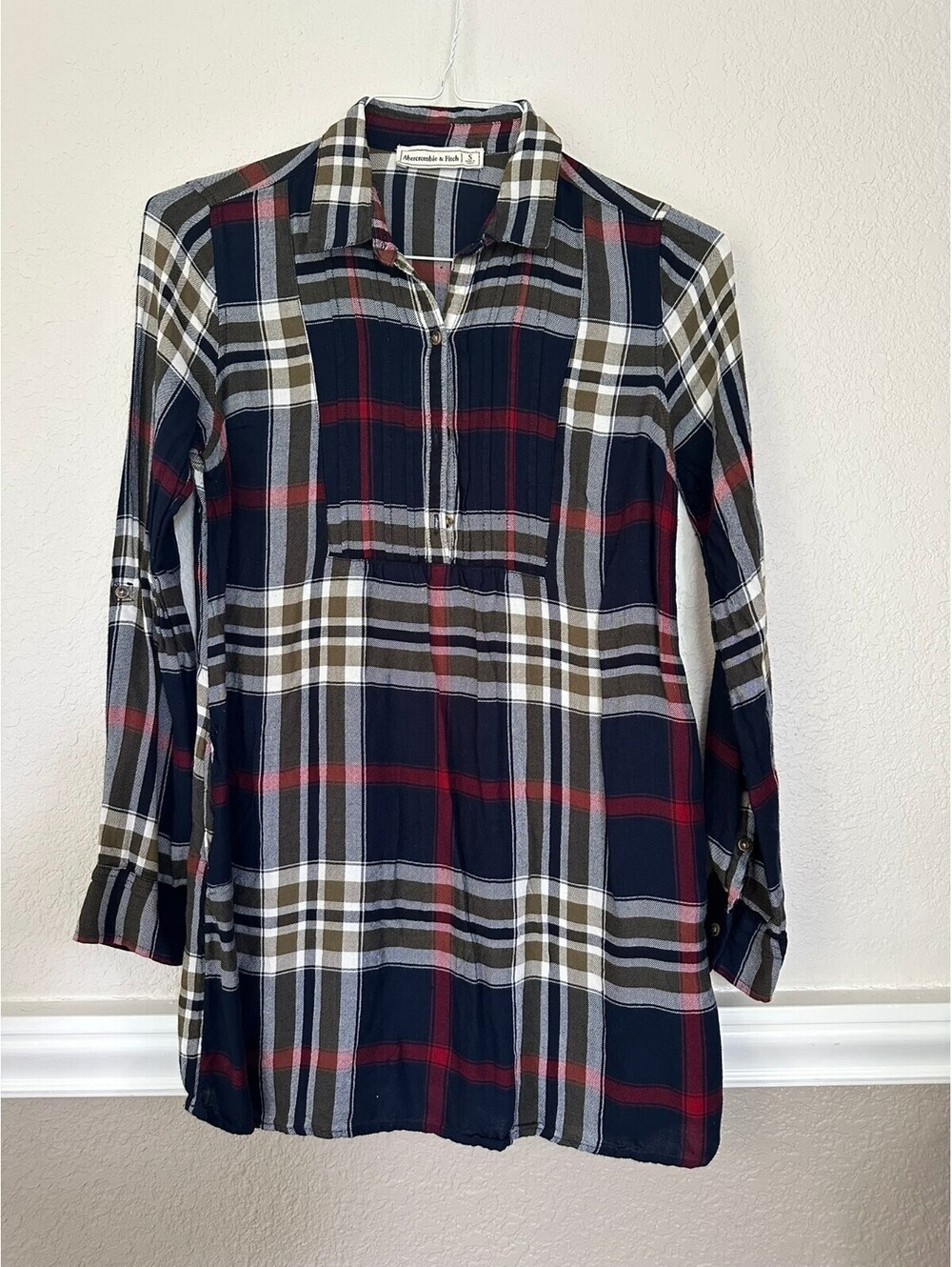 Abercrombie & Fitch Women's S Plaid Flannel Tunic Shirt Dress Pintuck Roll Tab